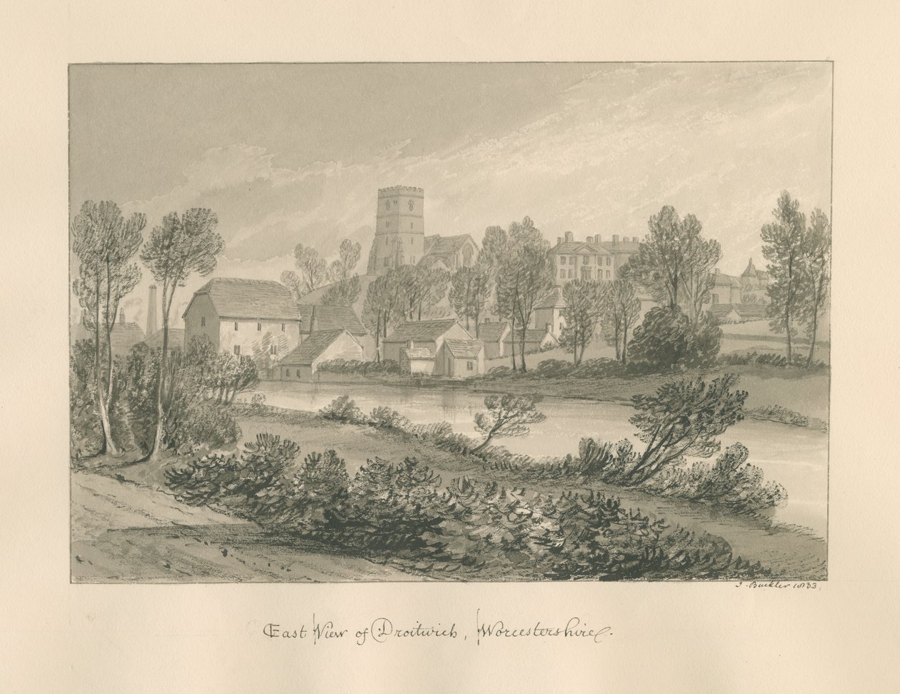 Worcestershire - Droitwich - East View of Town: sepia-tegning, 1833 af John Buckler