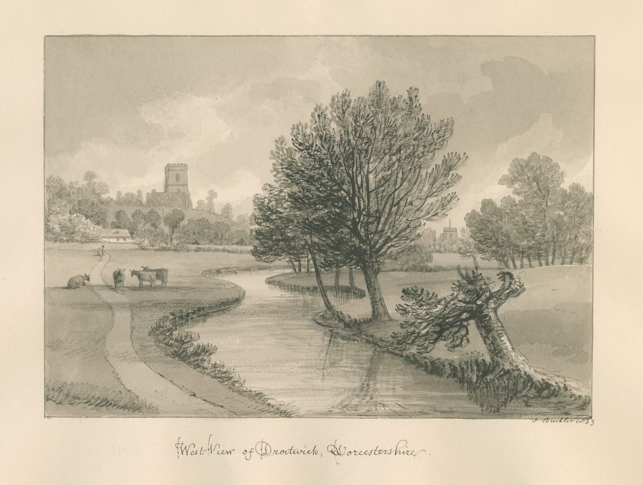 Worcestershire - Droitwich - West View of Town: sepia-tegning, 1833 af John Buckler
