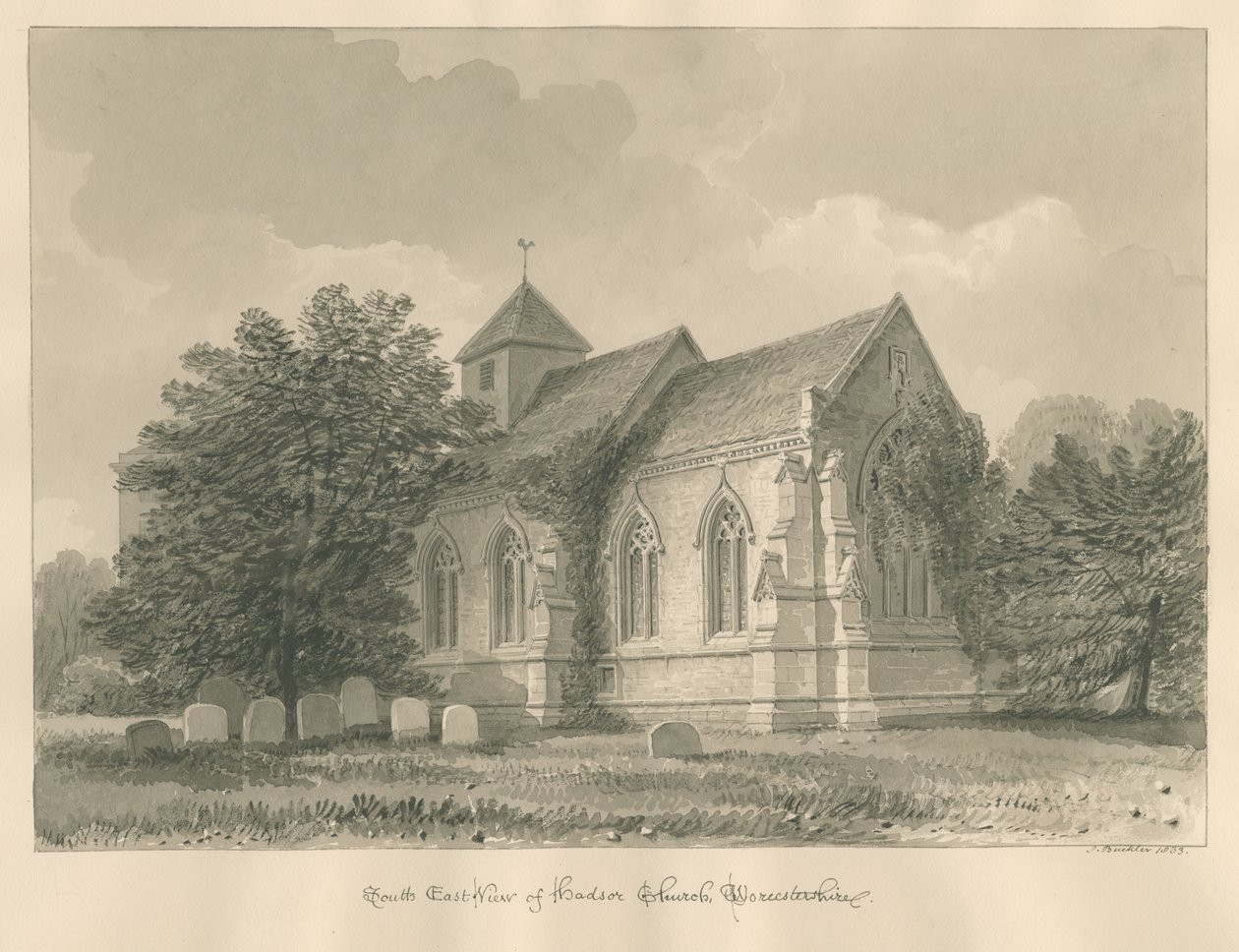 Worcestershire - Hadsor Church: sepia-tegning, 1833 af John Buckler