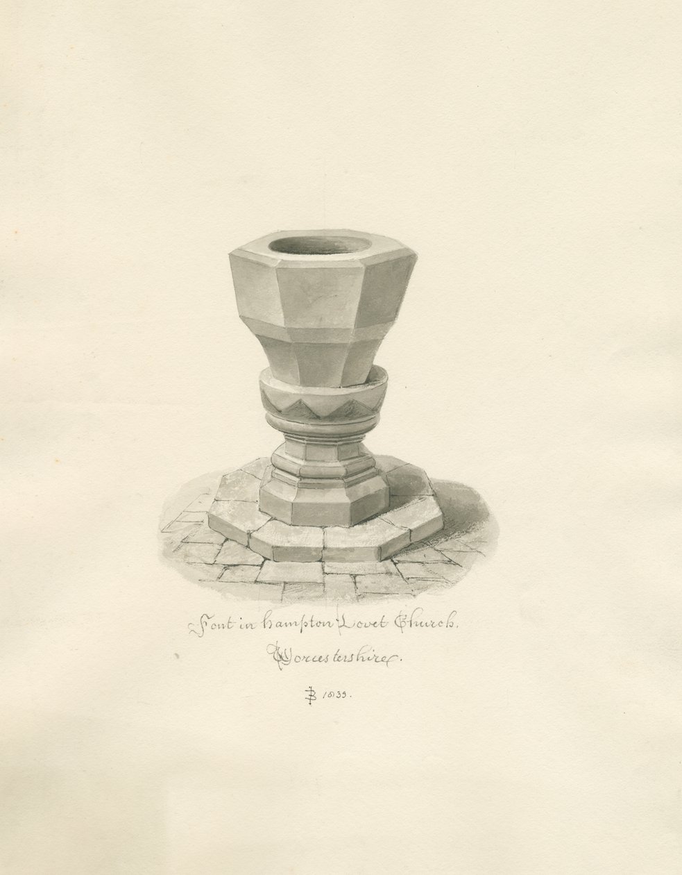 Worcestershire - Hampton Lovett Church - Skrifttype: sepia tegning af John Buckler