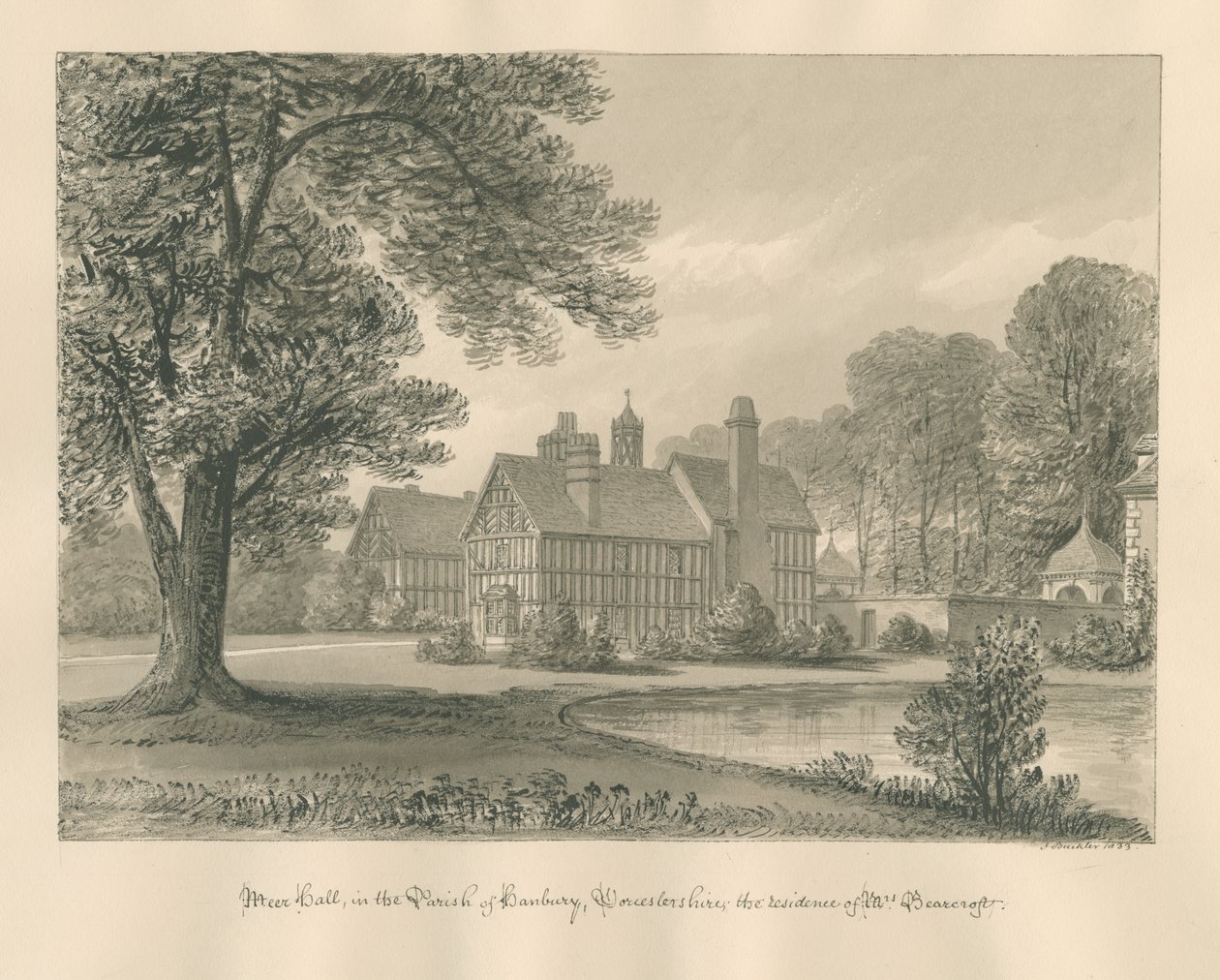 Worcestershire - Hanbury - Meer Hall: sepia tegning af John Buckler