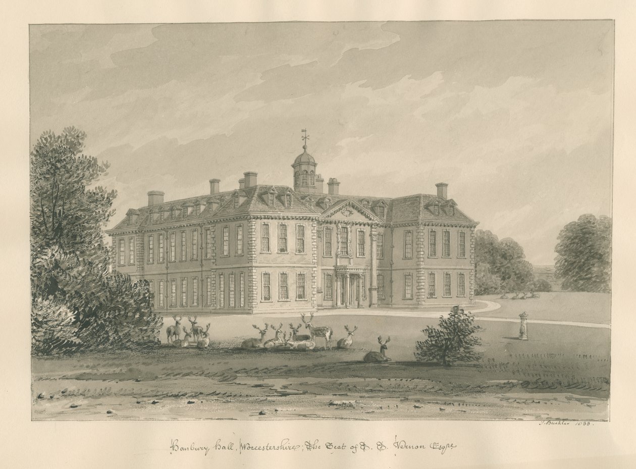 Worcestershire - Hanbury Hall: sepia-tegning, 1833 af John Buckler