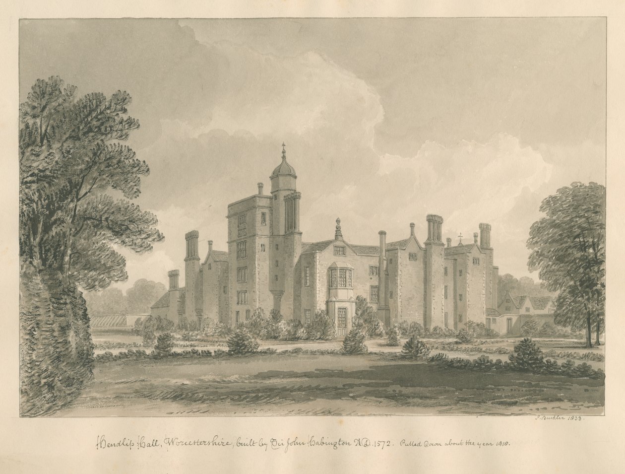 Worcestershire - Hindlip Hall: sepia-tegning, 1833 af John Buckler