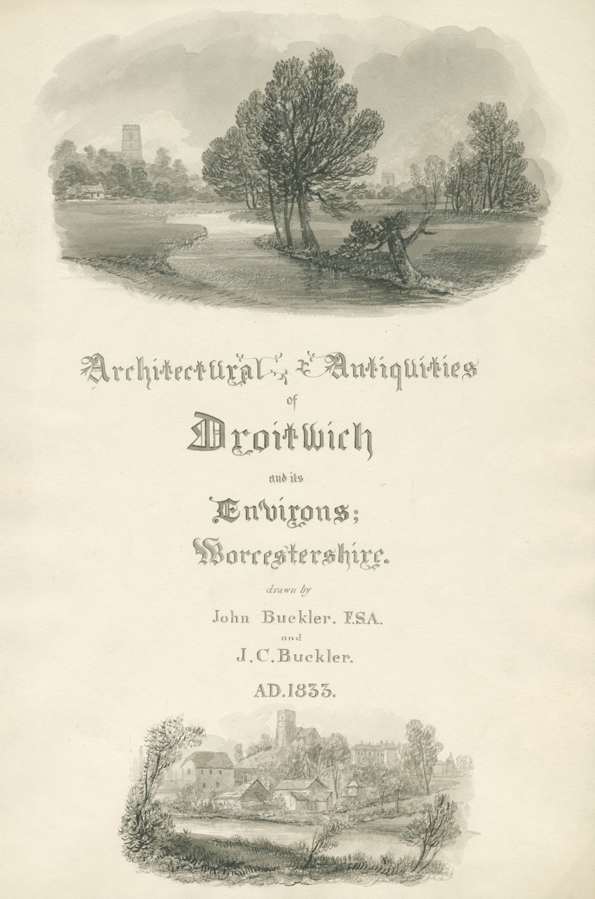 Worcestershire - Titelside for portefølje af arbejde af John og J. C. Buckler: sepia tegning af John Buckler