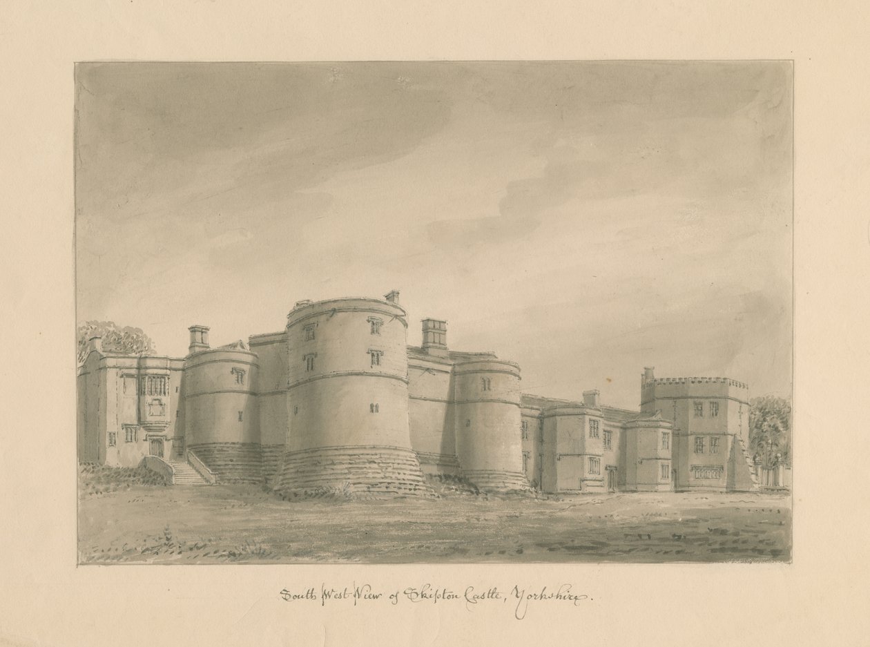 Yorkshire - Skipton Castle: sepia-tegning, 1818 af John Buckler
