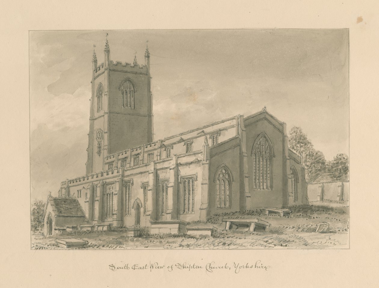 Yorkshire - Skipton Church: sepia-tegning, 1818 af John Buckler