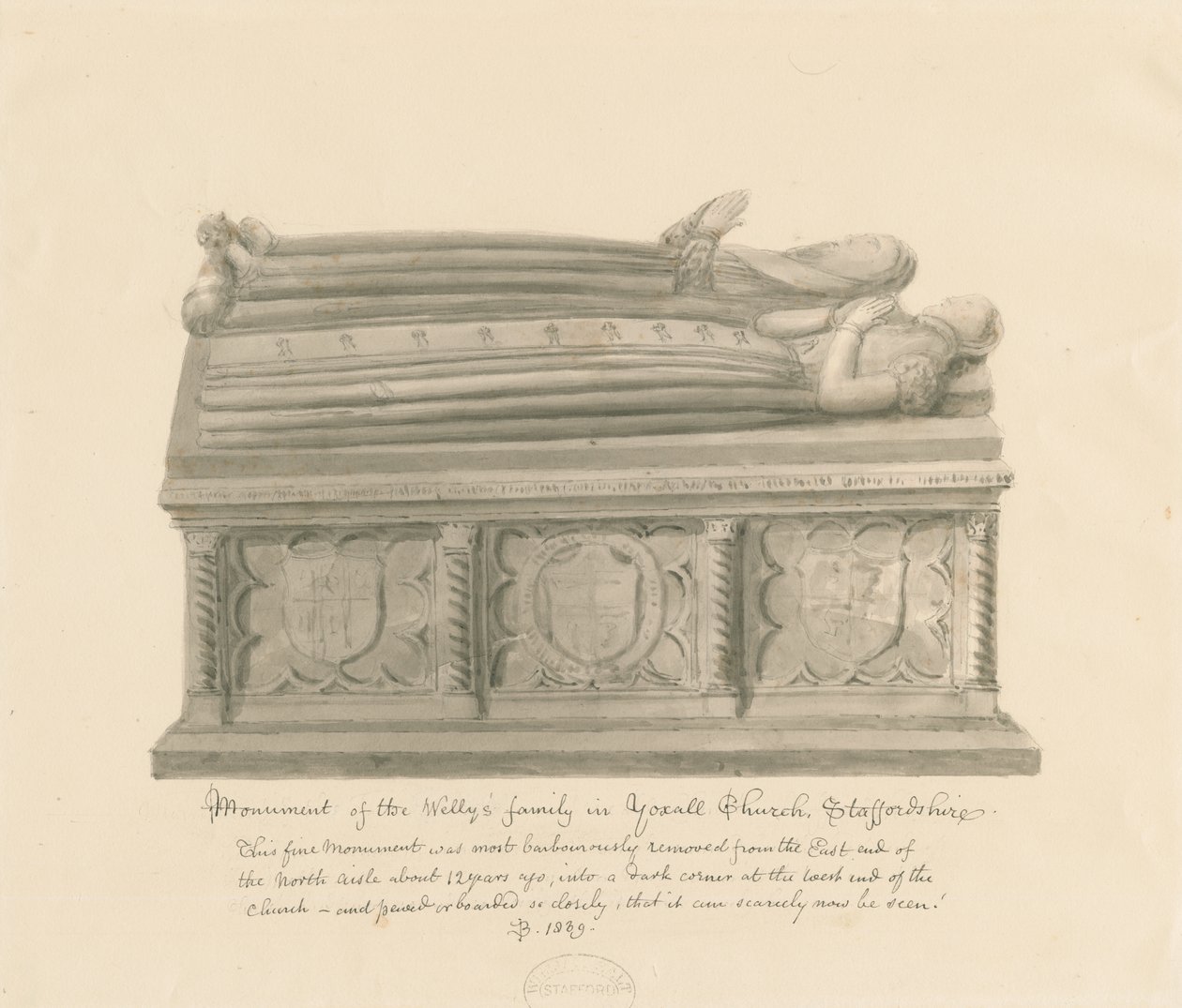 Yoxall Church - Monument over Wellys familie: sepia tegning af John Buckler
