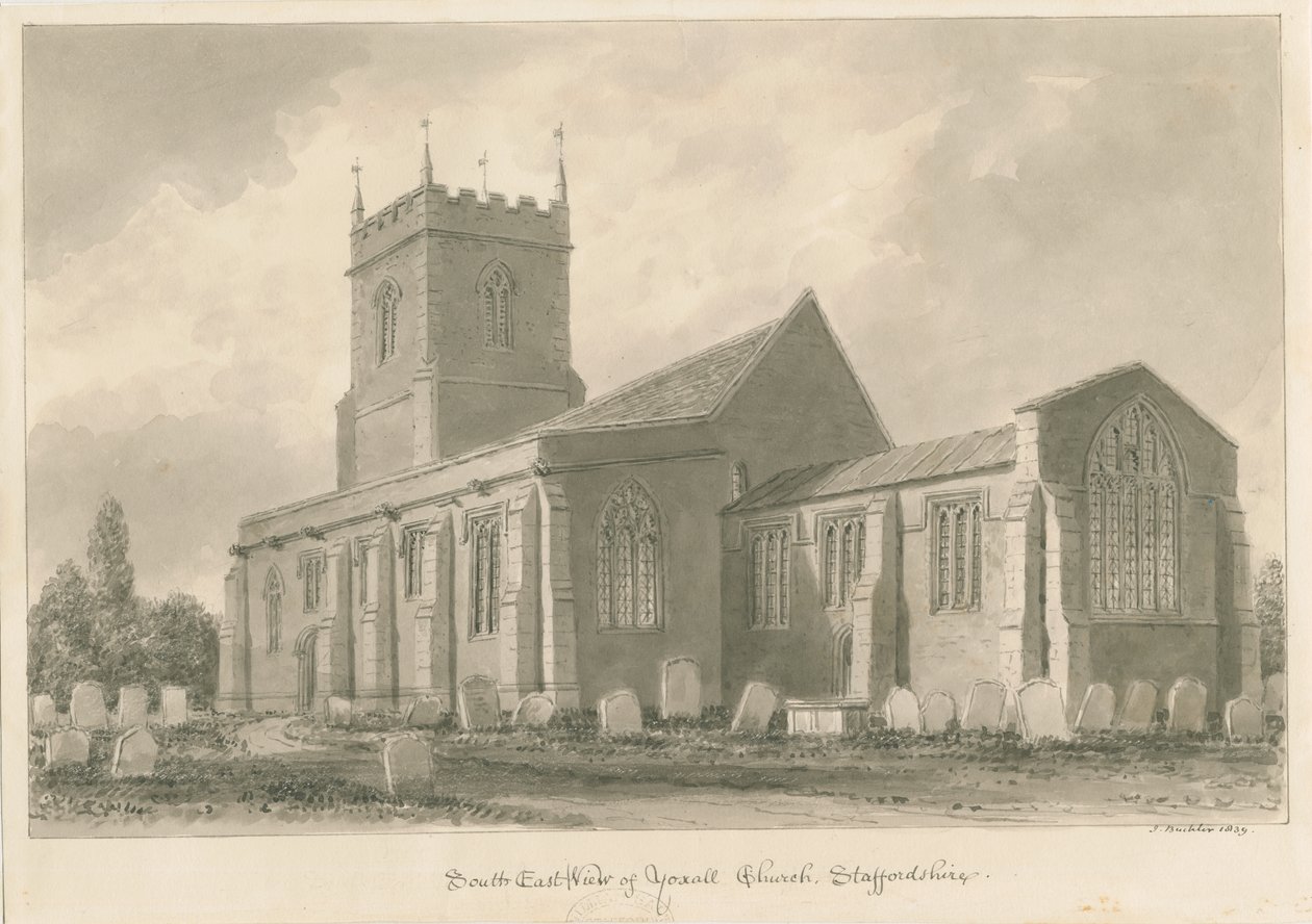 Yoxall Kirke: sepia tegning af John Buckler