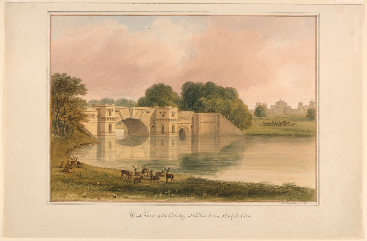 West View af Bridge ved Blenheim, Oxfordshire af John Buckler, F.S.A.