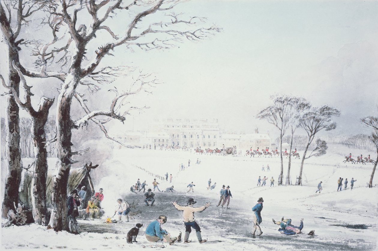 Udsigt over Buckingham House og St James Park om vinteren, pub. af R. Havell und Sønner, 1810 af John Burnet