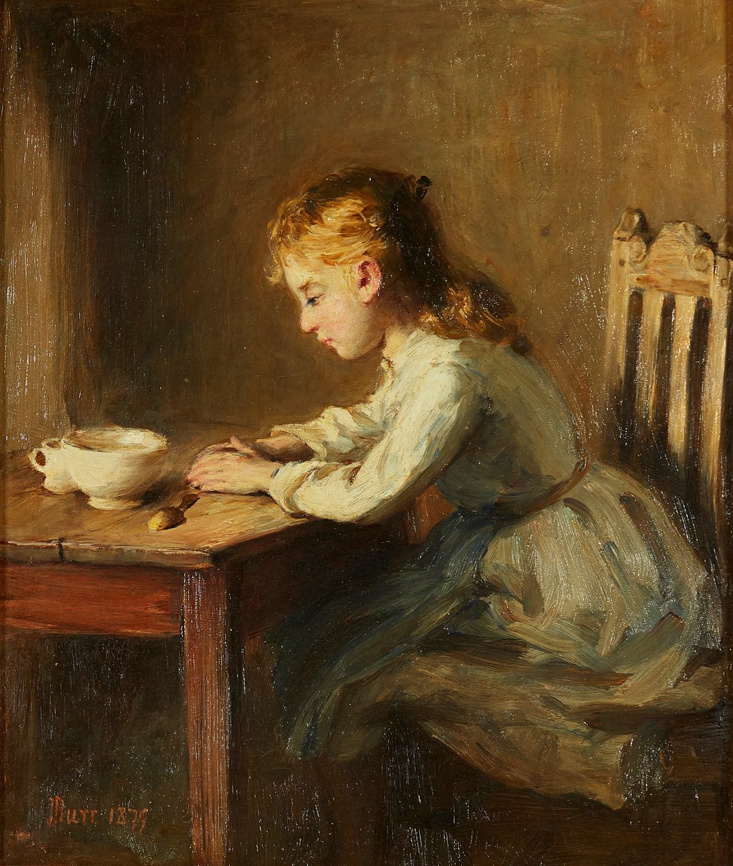 Pige ved morgenbordet (olie på lærred) af John Burr