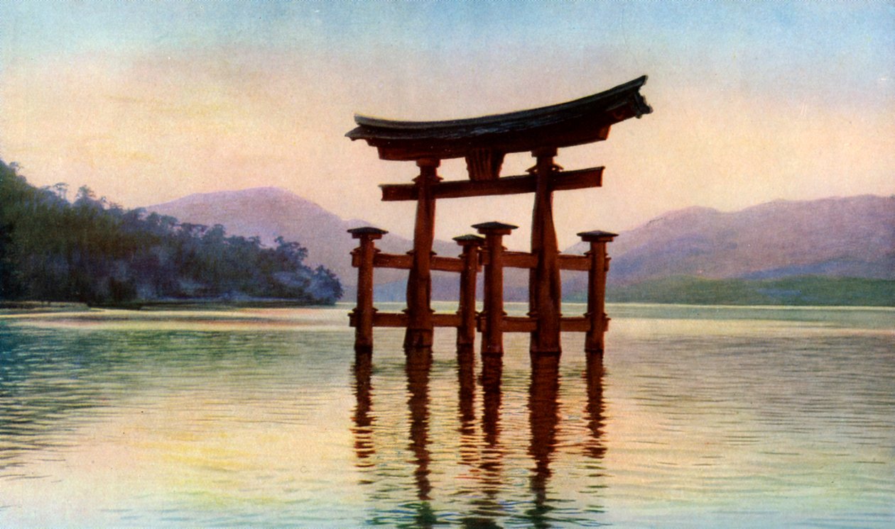 Torii fra Itsukushima Hand MP-medlem Miyajima læge san d, Japan, c1930
