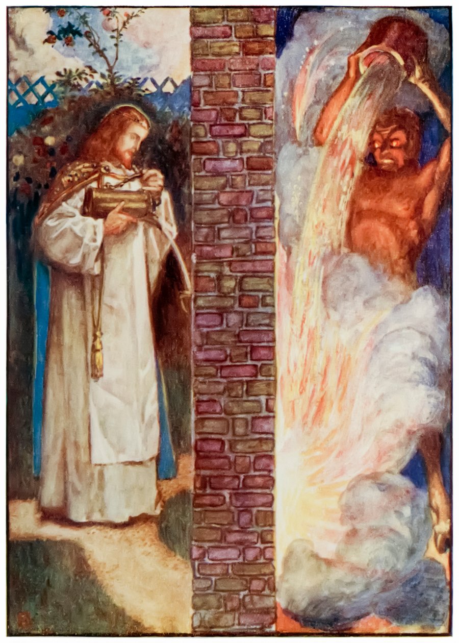 Kristus og Djævelen fra Pilgrimmene Progress From This World, To That Who Is To Come af John Bunyan (1628-1688) Illustration af Byam Shaw (1872-1919), der viser ilden i væggen. Djævelen prøver af John Byam Liston Shaw