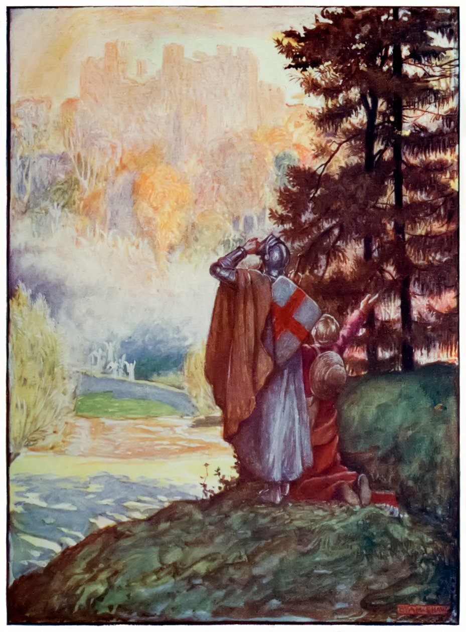 Kristne og håbefulde kommer i syne af den himmelske by fra The Pilgrims Progress From This World, To That Who Is To Come af John Bunyan (1628-1688) Illustration af Byam Shaw (1872-1919) af John Byam Liston Shaw