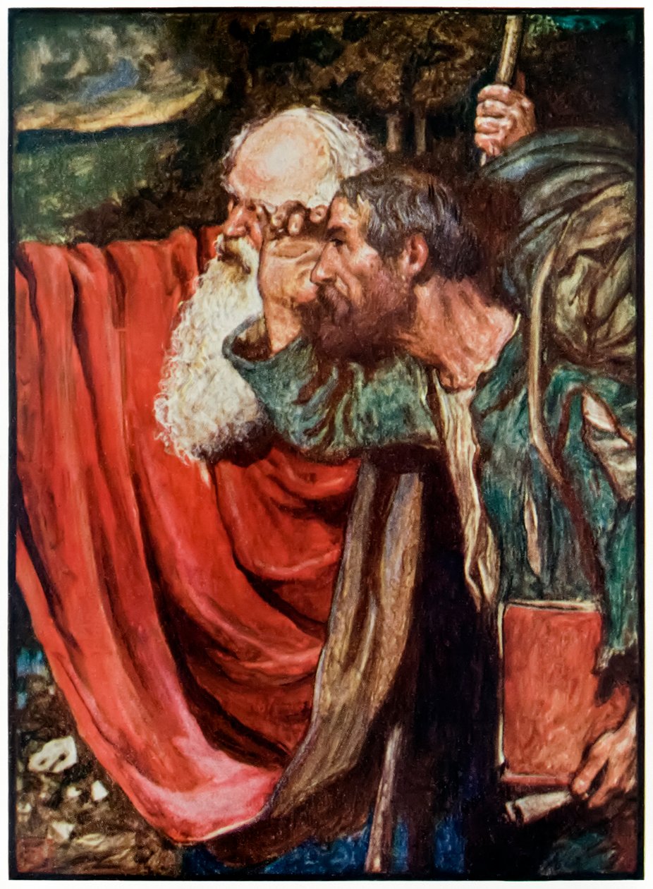 Evangelist peger på vejen til Wicket Gate fra The Pilgrims Progress From This World, To That What Is To Come af John Bunyan (1628-1688) Illustration af Byam Shaw (1872-1919) der viser Evangelis af John Byam Liston Shaw