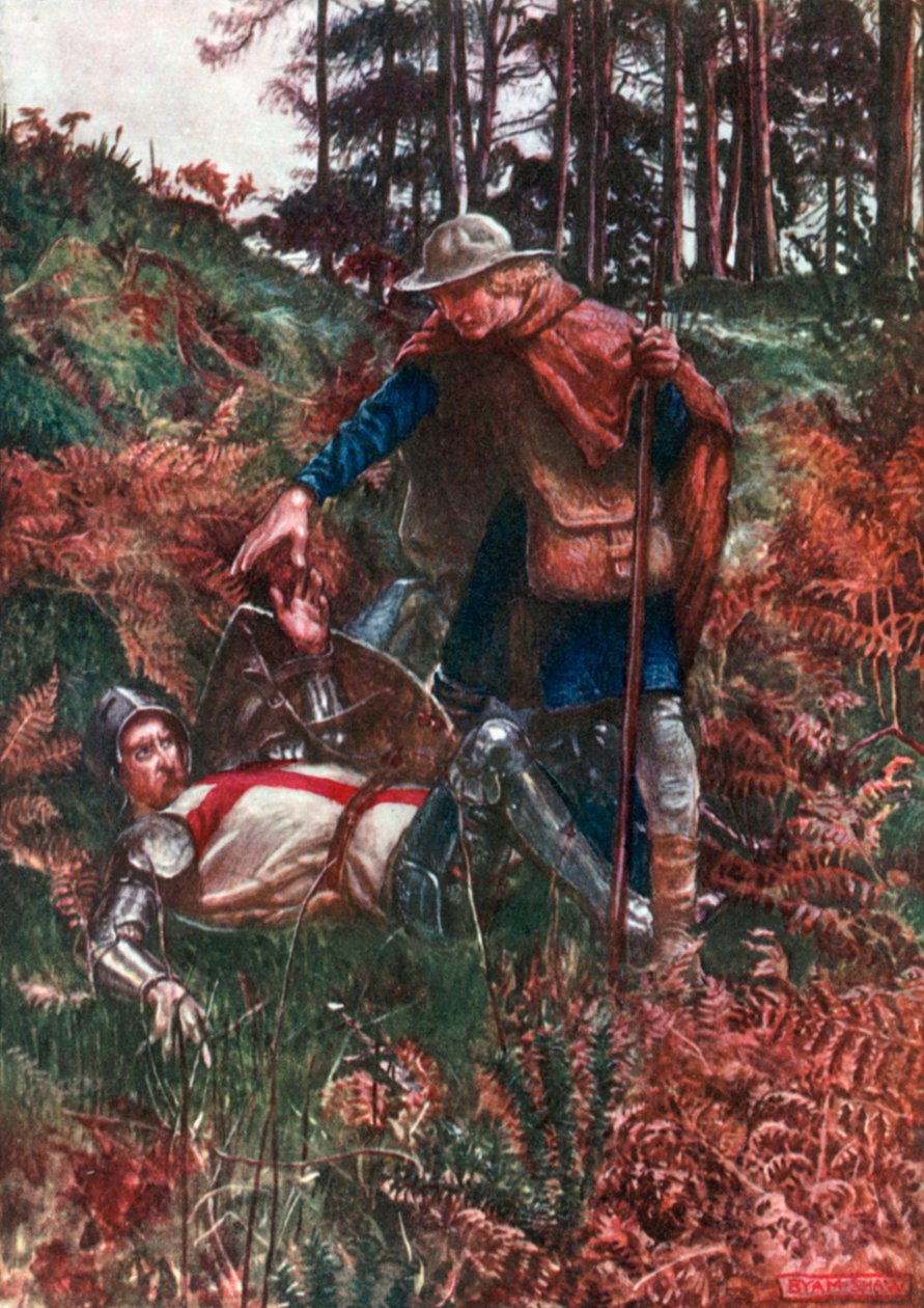 Trofast hjælper Christian op efter hans fald (farvelitografi) af John Byam Liston Shaw
