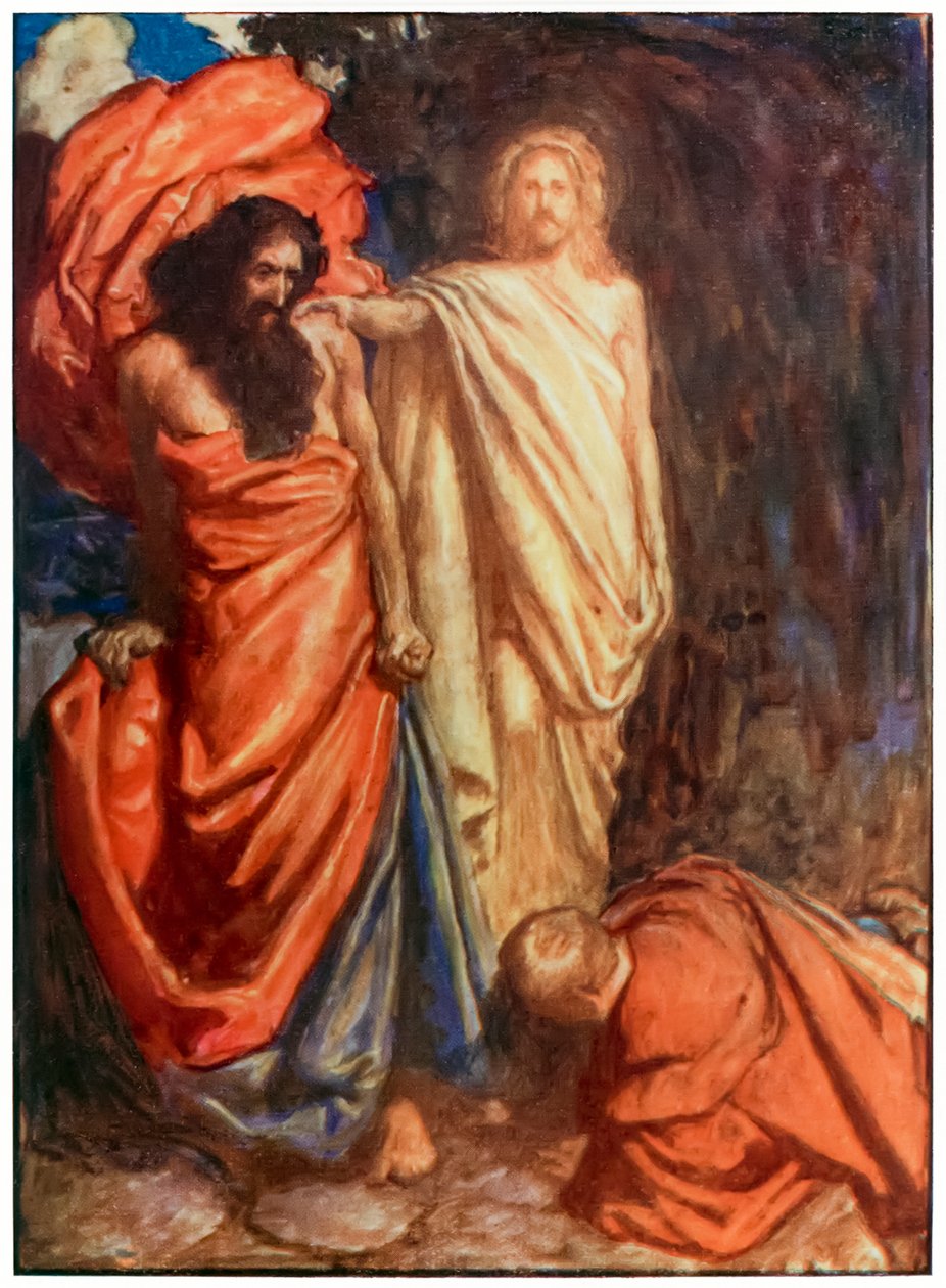 Faithful slået ned af Moses fra The Pilgrims Progress From This World, To That Who Is To Come af John Bunyan (1628-1688) Illustration af Byam Shaw (1872-1919) der viser Faithful slået af en unmerc af John Byam Liston Shaw
