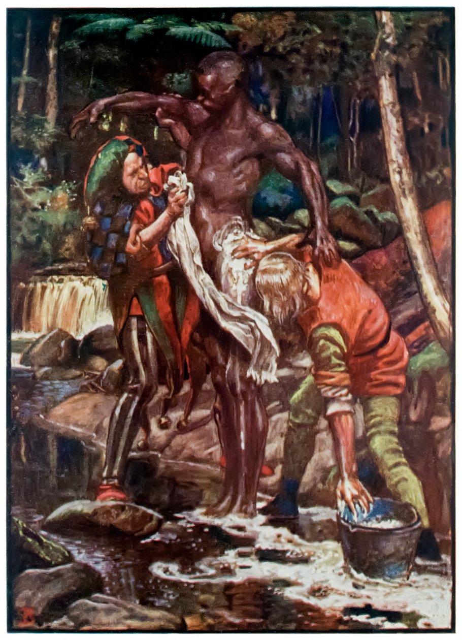 Fool and Want-Wit vasker etiopieren fra The Pilgrims Progress From This World, To That Who Is To Come af John Bunyan (1628-1688) Illustration af Byam Shaw (1872-1919), der prøver at vaske Ethiop af John Byam Liston Shaw