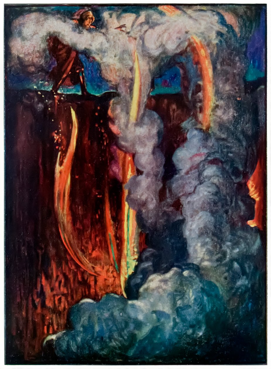 Hells Mouth from the Pilgrims Progress From This World, To That That That That Come af John Bunyan (1628-1688) Illustration af Byam Shaw (1872-1919) der viser Christian i Dødens Skygges Dal af John Byam Liston Shaw