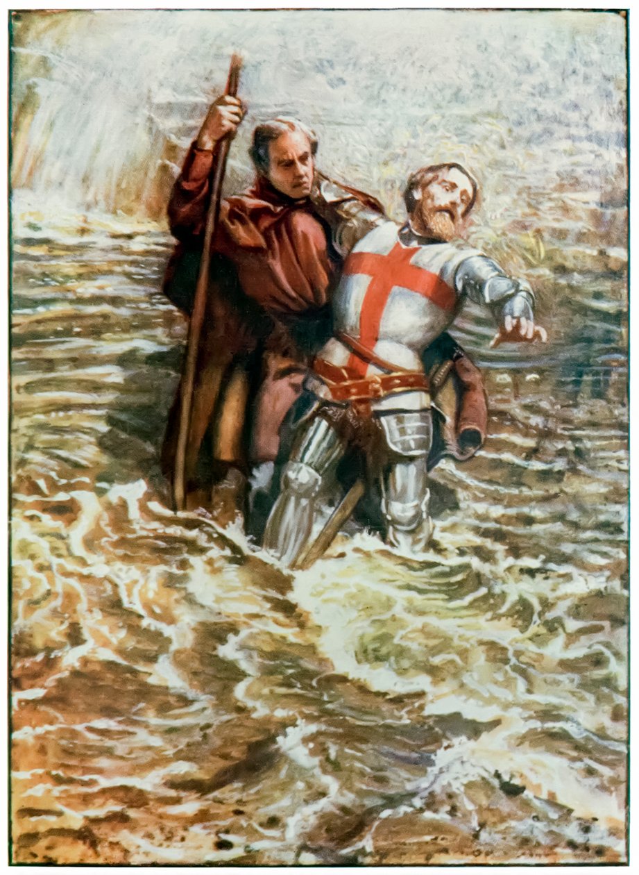 Hopeful hjælper Christian med at krydse floden fra The Pilgrims Progress From This World, To That Who Is To Come af John Bunyan (1628-1688) Illustration af Byam Shaw (1872-1919), pilgrimmene krydser af John Byam Liston Shaw