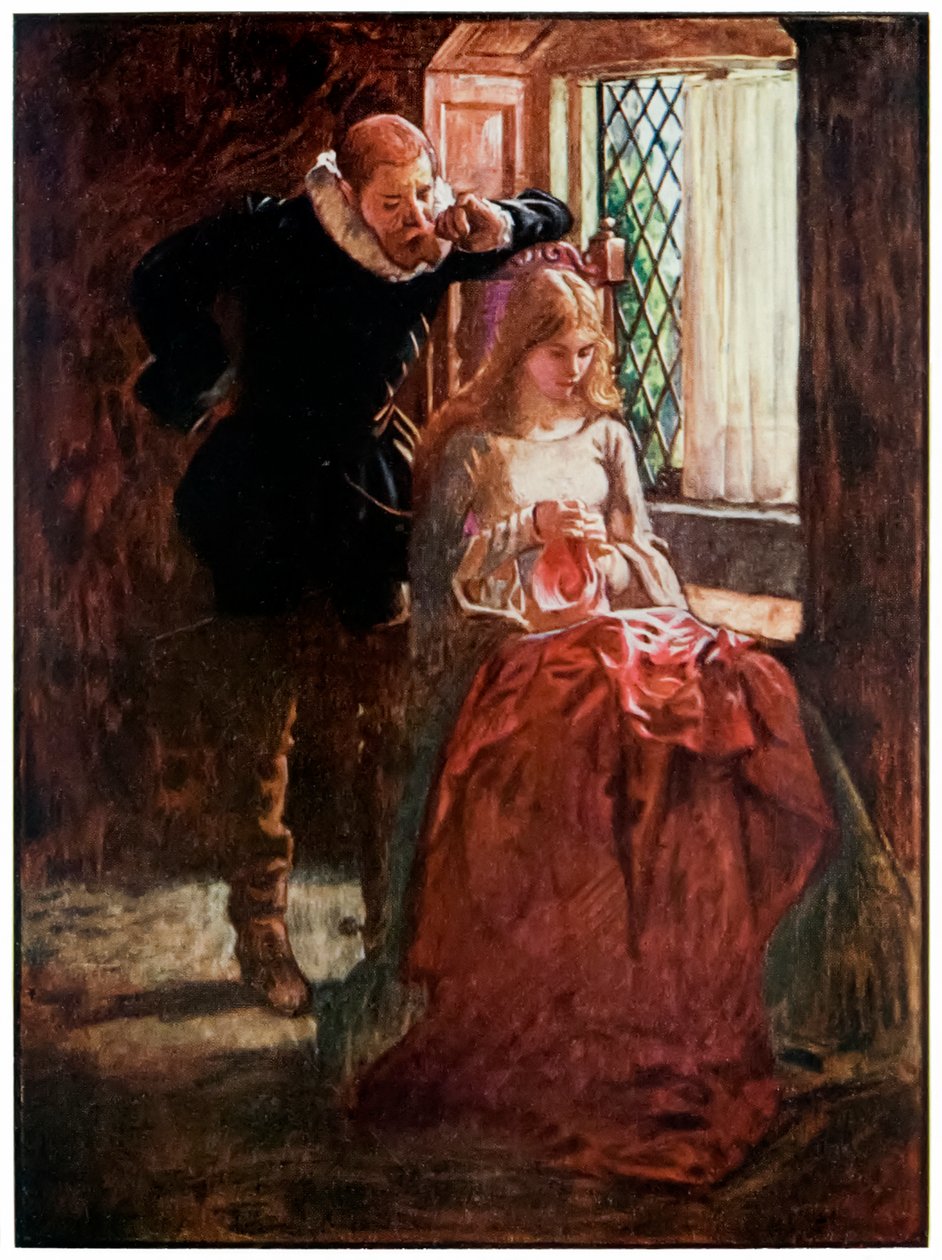 Mr Brisk and Mercy from The Pilgrims Progress From This World, To That That That What Is To Come af John Bunyan (1628-1688) Illustration af Byam Shaw (1872-1919), Mr. Brisk bejler til barmhjertighed, indtil han opdager hende i af John Byam Liston Shaw