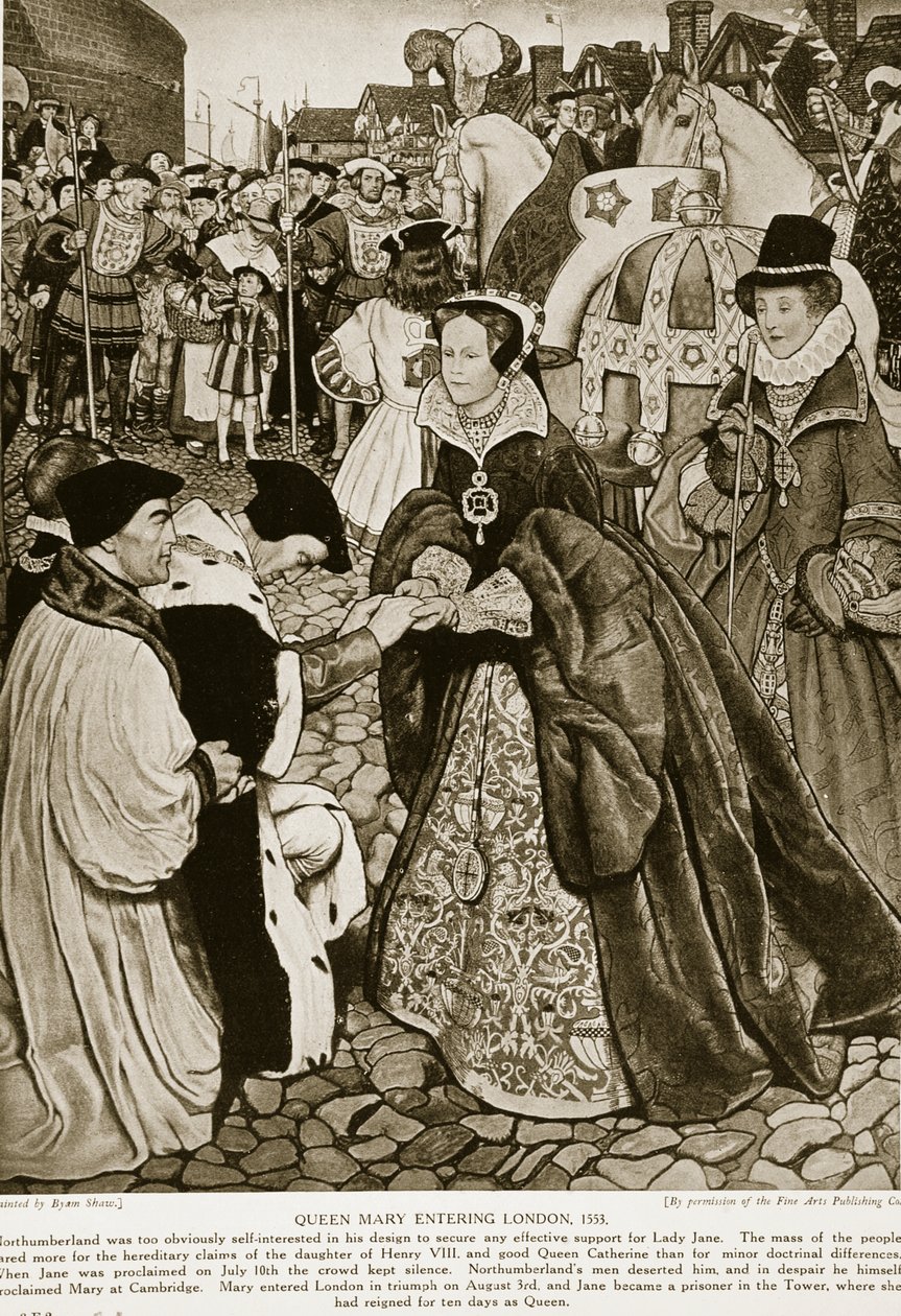 Dronning Mary på vej ind i London, 1553, illustration fra "Hutchinson