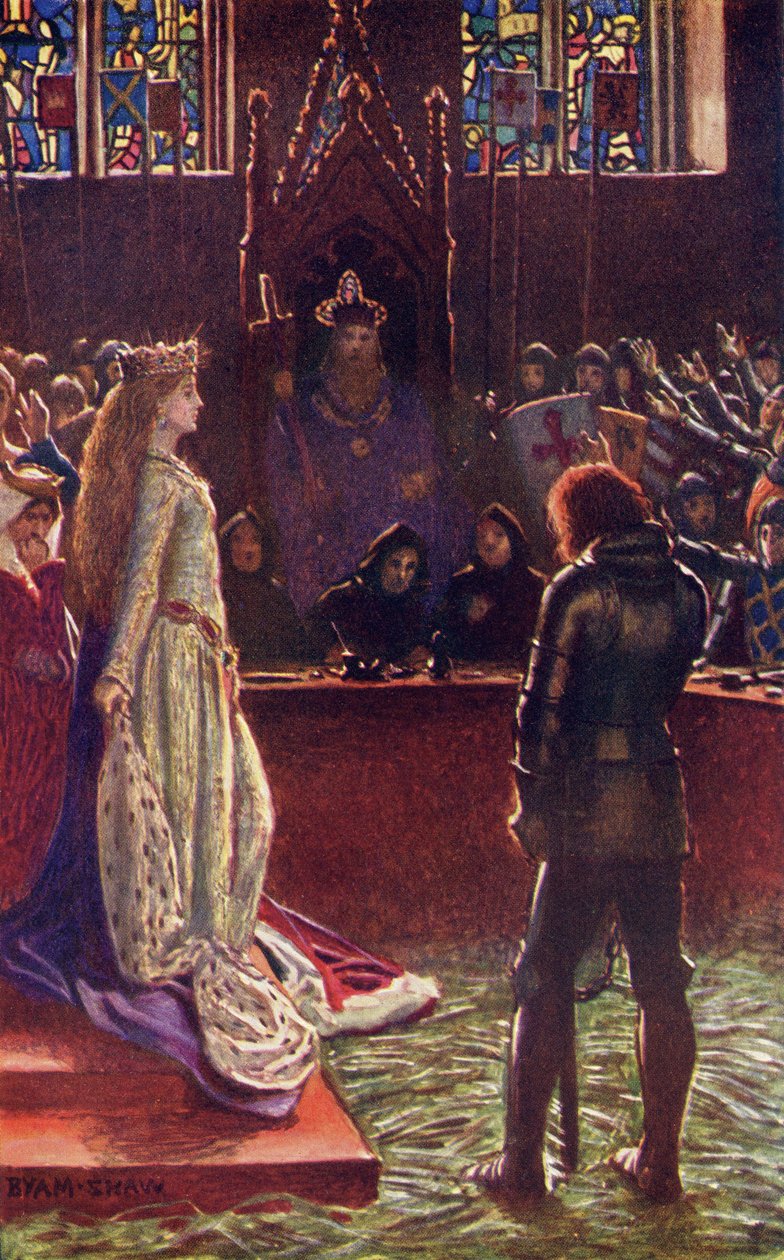 Sir Lanvals dame appellerer til dommerne, illustration fra "Romance and Legend of Chivalry" af A. R. Hope Moncrieff af John Byam Liston Shaw