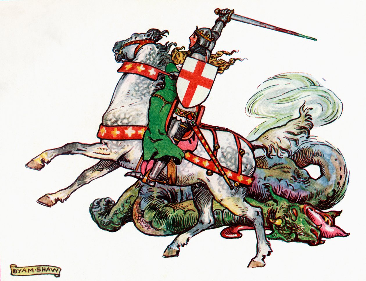 St. George and the Dragon, illustration fra prinsesse Marie-Josés børnebog, udgivet 1916 af John Byam Liston Shaw