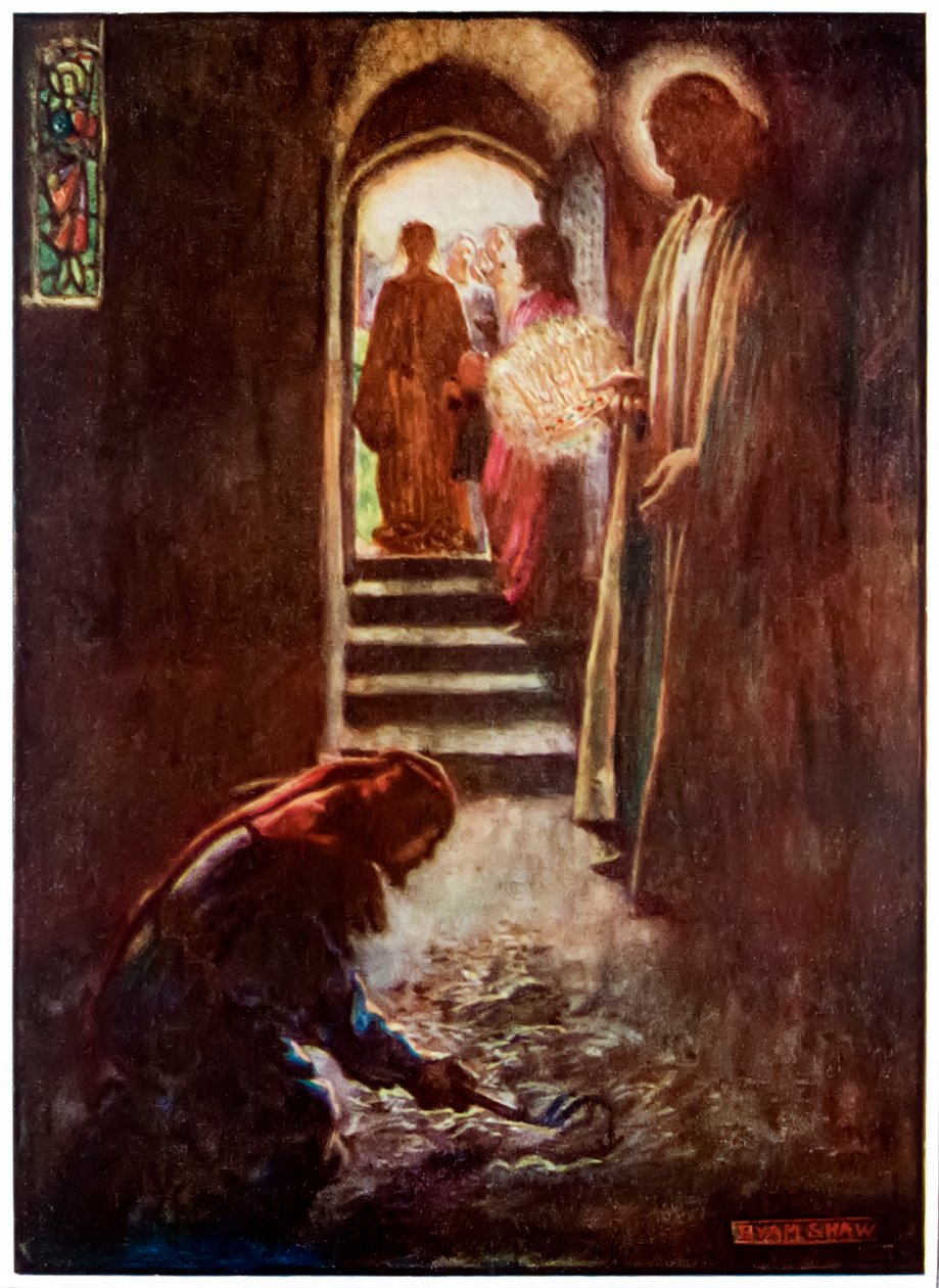 Manden med møgraken fra The Pilgrims Progress From This World, To That Who Is To Come af John Bunyan (1628-1688) Illustration af Byam Shaw (1872-1919), I Tolkehuset kan manden af John Byam Liston Shaw