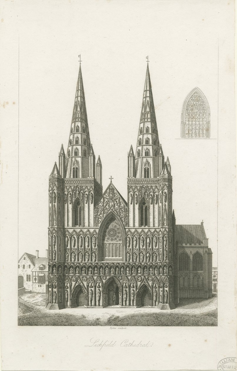 Lichfield Cathedral - West Front: gravering og [?begyndelsen af det 19. århundrede] (tryk) af John Byrne