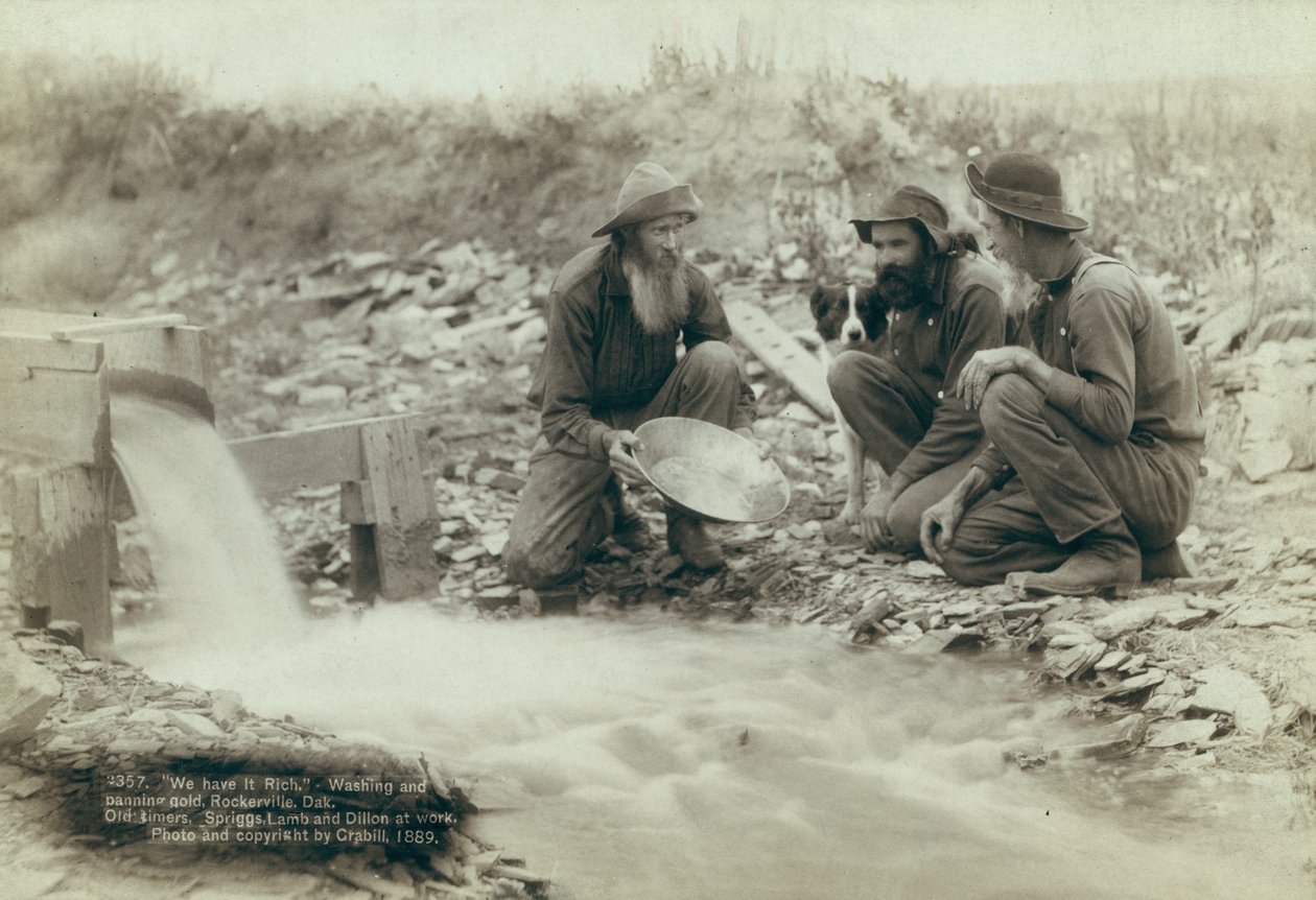 Vask og panorering af guld, Rockerville, 1889 af John C. H. Grabill