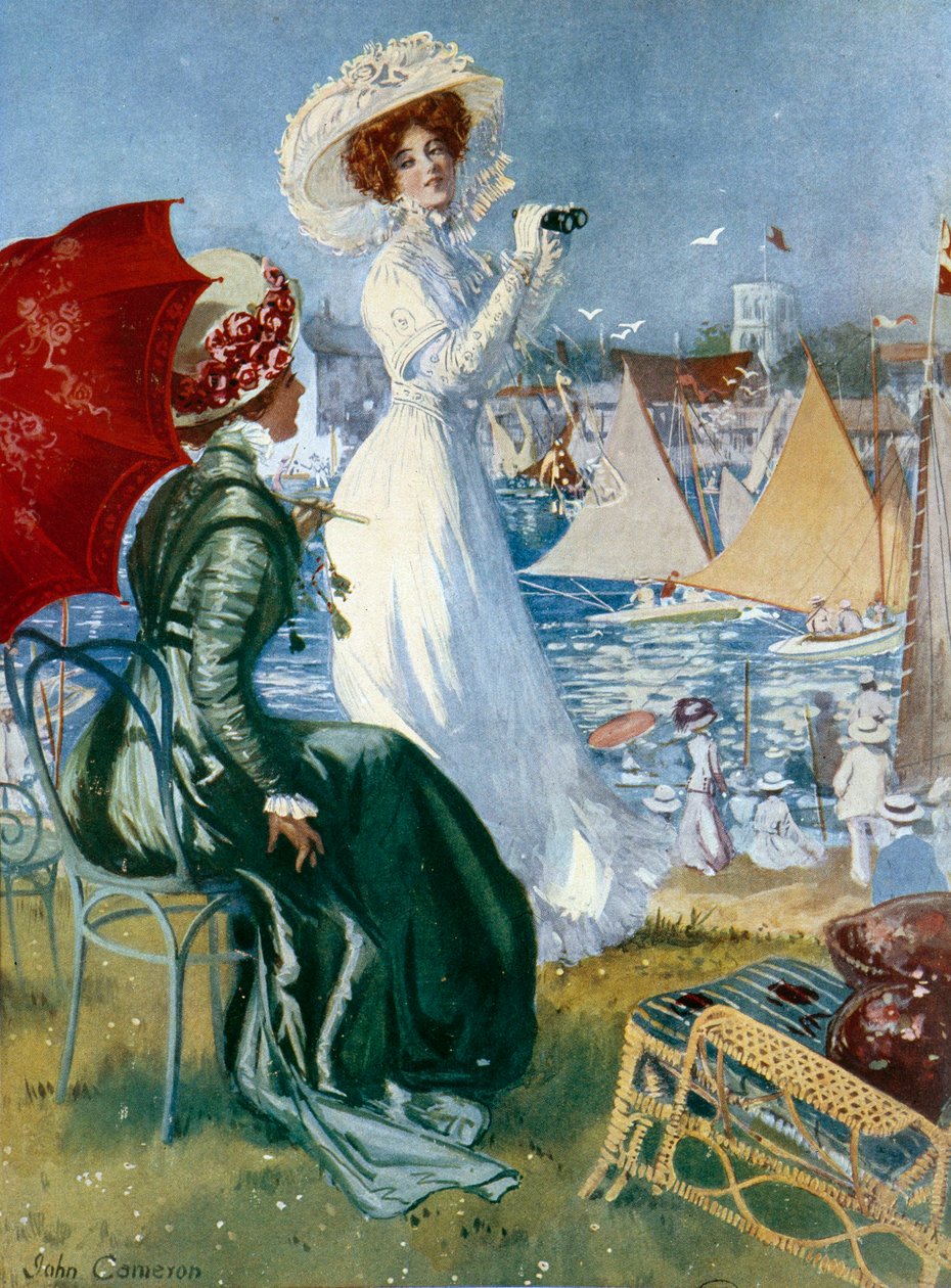 Belle epoque: "" Unge kvinder følger regater med en kikkert"" Litografi af John Cameron (20. århundrede) Paris, Decorative Arts af John Cameron