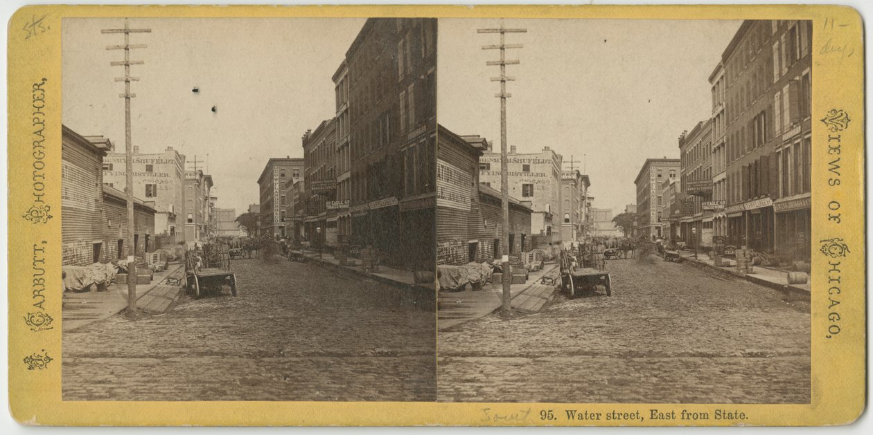 Stereograf af udsigten over Water Street, der kigger mod øst fra State Street, Chicago, ca. 1870 af John Carbutt