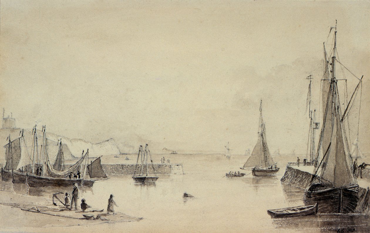 Folkestone Harbor with Shipping, Shakespeares Cliff in the Distance, 1800-tallet af John Carpenter