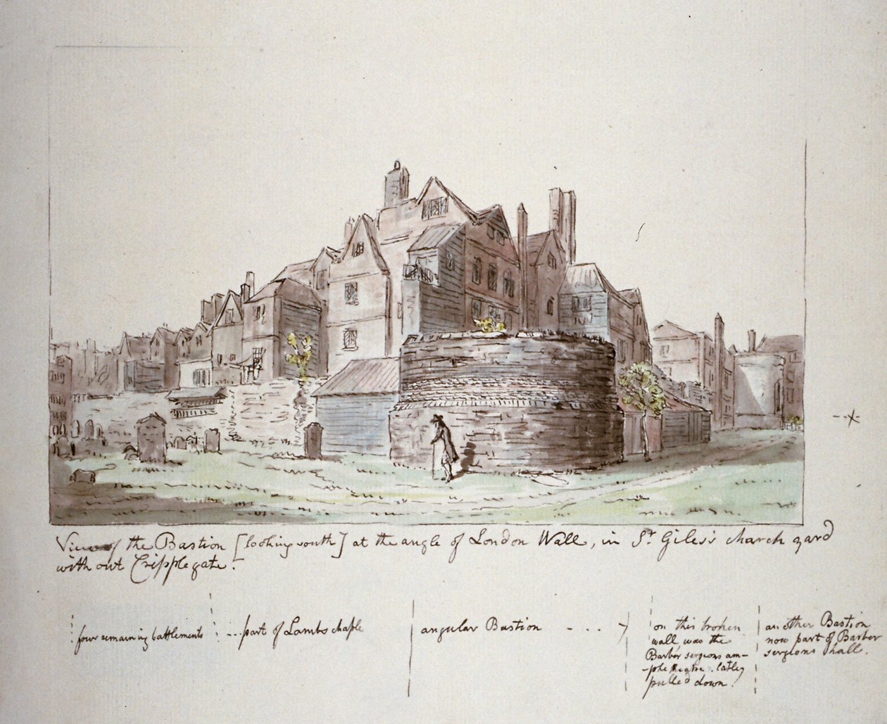Bastion i vinklen af London Wall, St Giles uden Cripplegate kirkegård, City of London, 1779 af John Carter