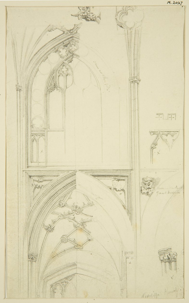 Detaljer om Clerestory Window Tracery og Vaulting of the Aisle nedenfor, i St Mary Redcliffe (blyant og akvarel på papir) af John Carter