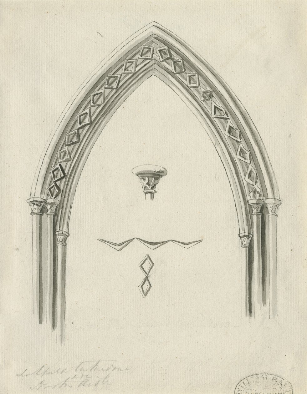 Interiør af Lichfield Cathedral - Arch in North Aisle: sepia-tegning, nd [?19th cent] (tegning) af John Carter