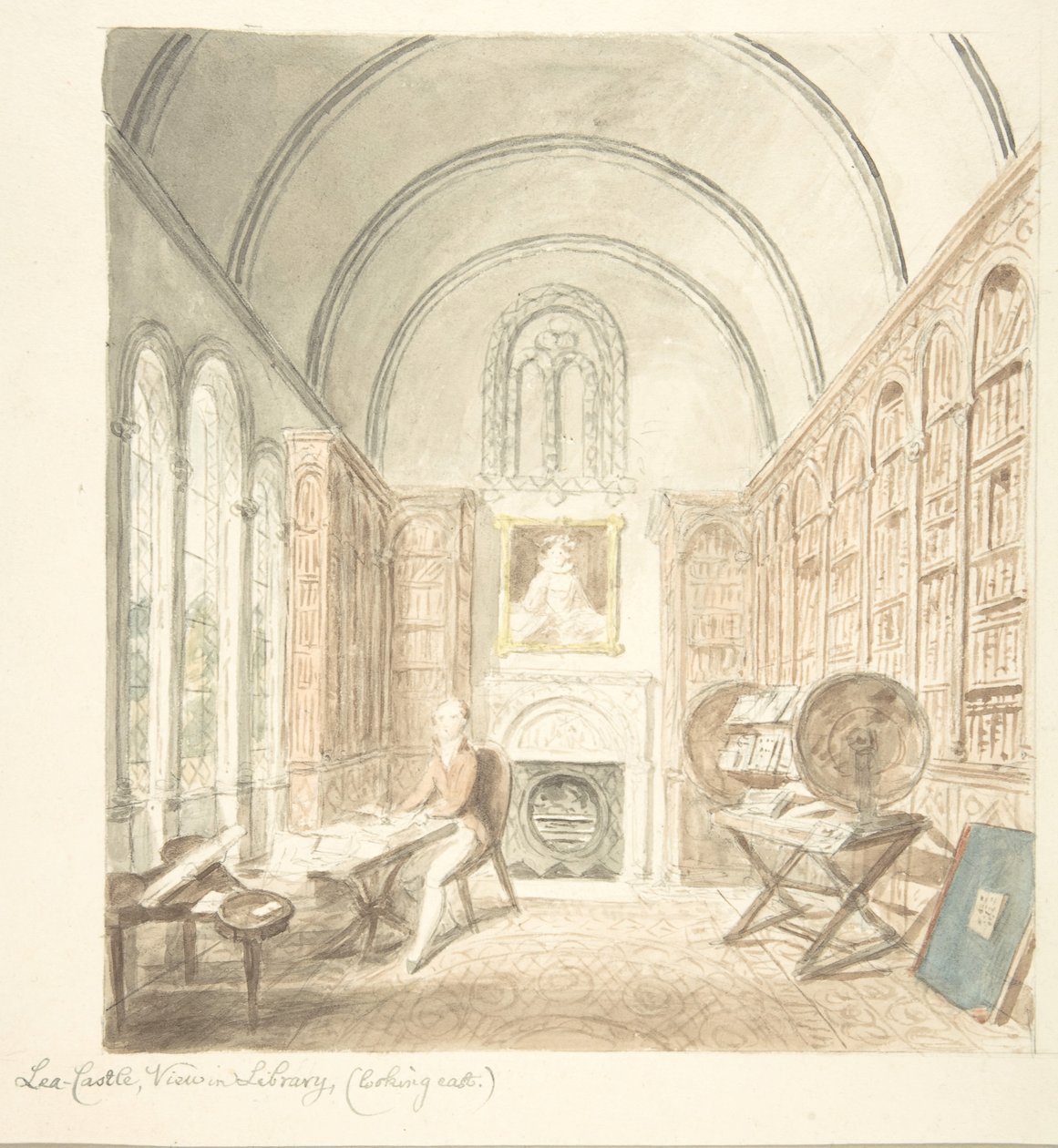 Lea Castle, Udsigt i Biblioteket, Looking East, ca. 1816. af John Carter.