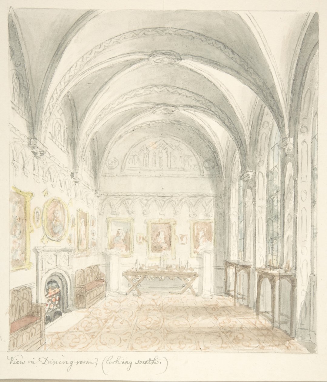 Lea Castle, Worcestershire, spisestue med udsigt mod syd, ca. 1816. af John Carter.