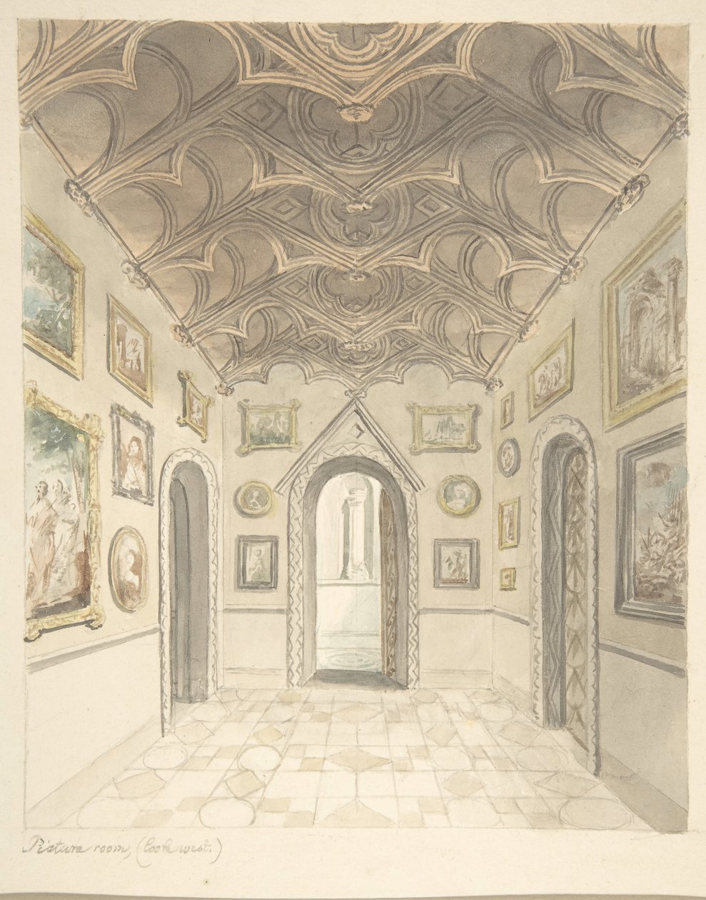 Lea Castle, Worcestershire, Billedværelse, Looking West, ca. 1816. af John Carter.