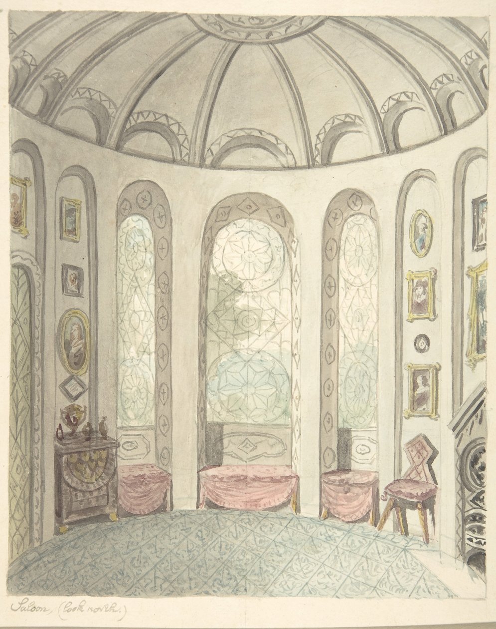 Lea Castle, Worcestershire, Saloon, ser mod nord, ca. 1816. af John Carter.
