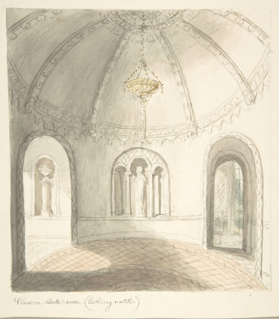 Lea Castle, Worcestershire, Udsigt i Ante-room, Looking North, ca. 1816. af John Carter.