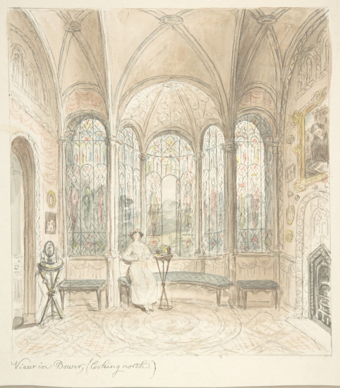 Lea Castle, Worcestershire, udsigt i Bower, ser mod nord, ca. 1816. af John Carter.