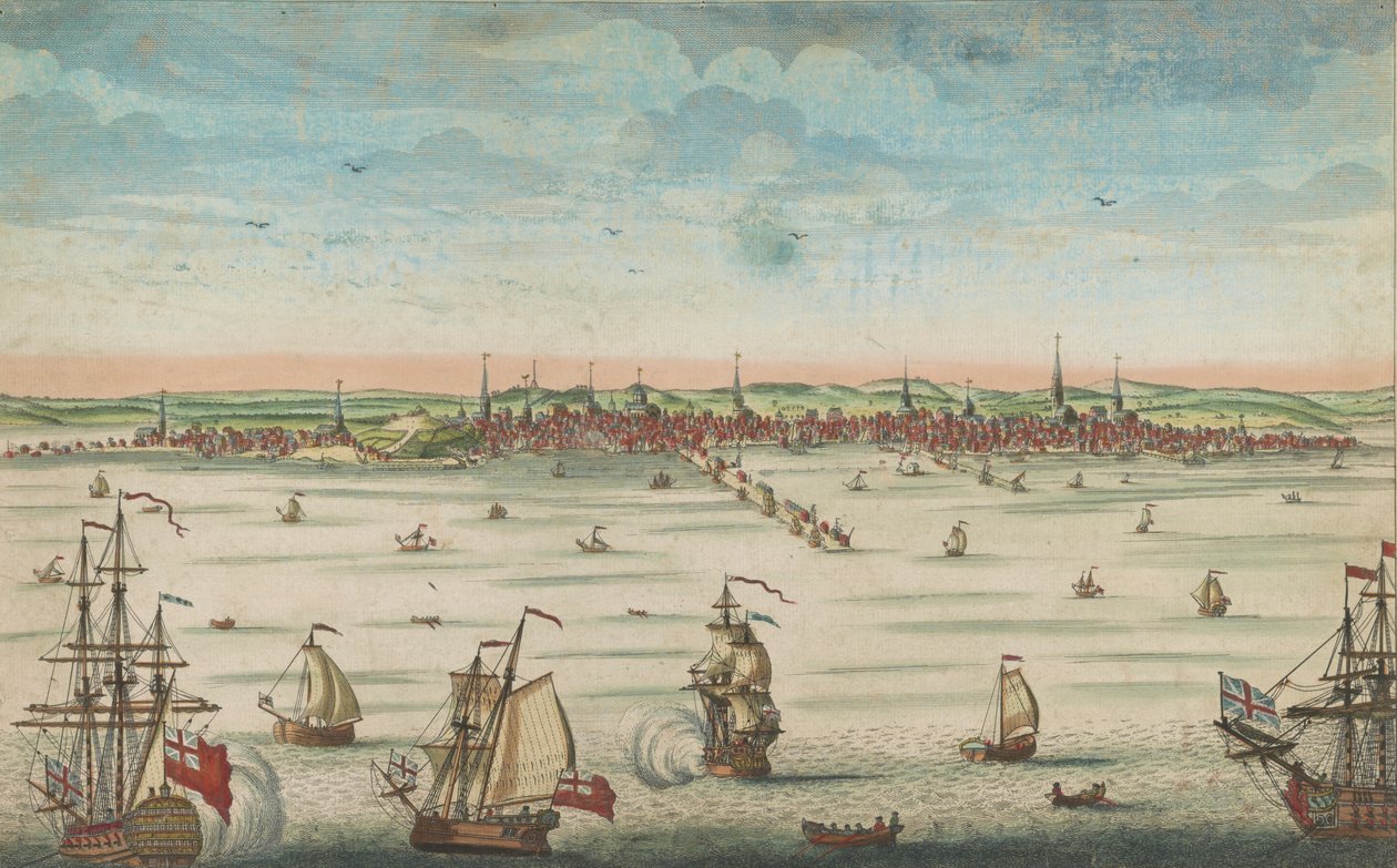En sydøstlig udsigt over den store by Boston i New England i Amerika, 1730-60 af John Carwitham