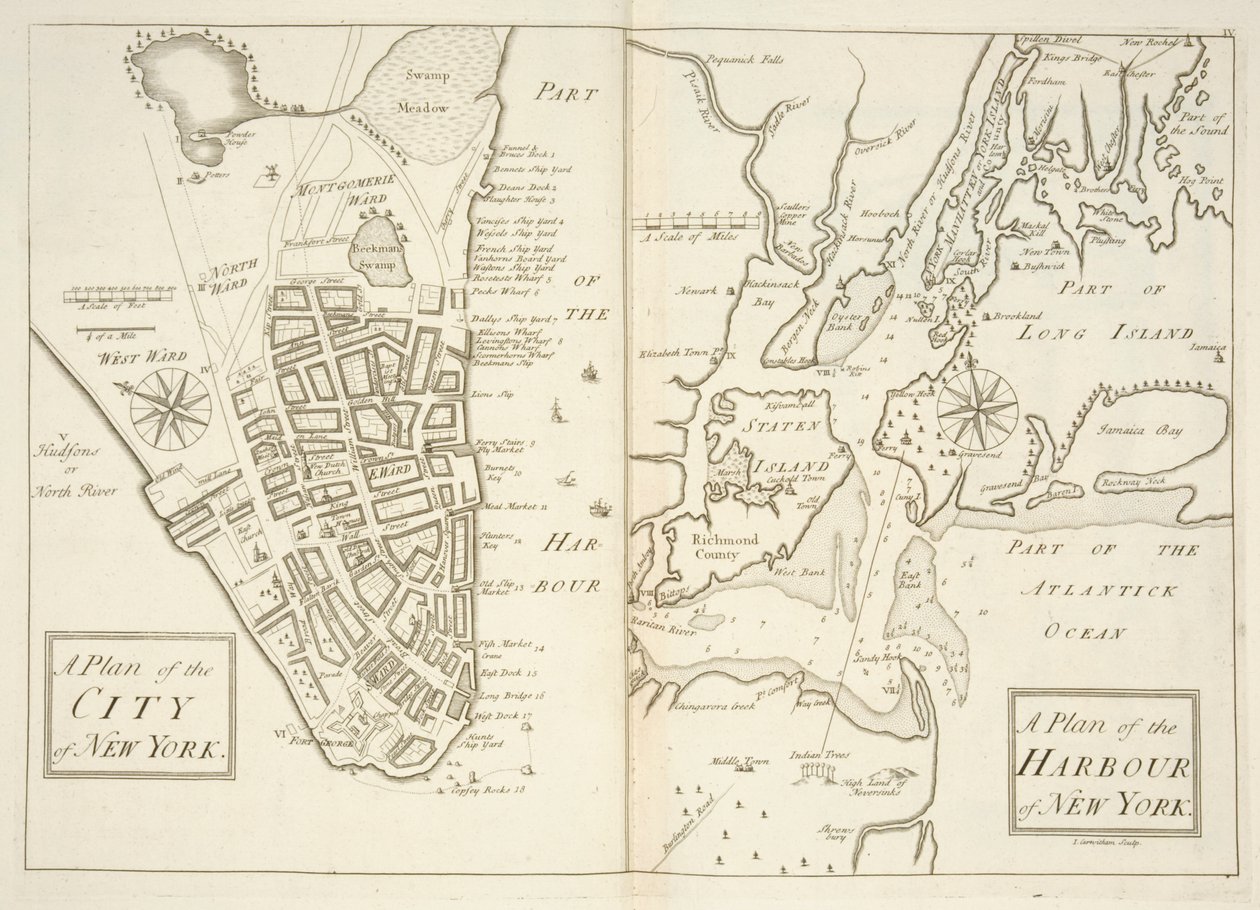 Holkham MS 109 F 41, tegninger af byen og havnen i New York, ca. 1740 (gravering) af John Carwitham
