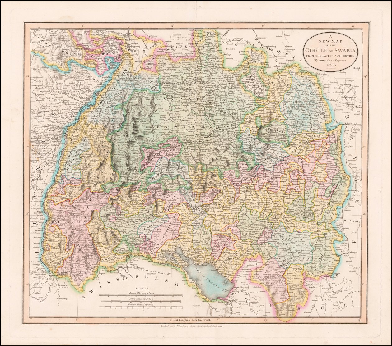 Kort over Schwaben fra 1799 af John Cary af John Cary