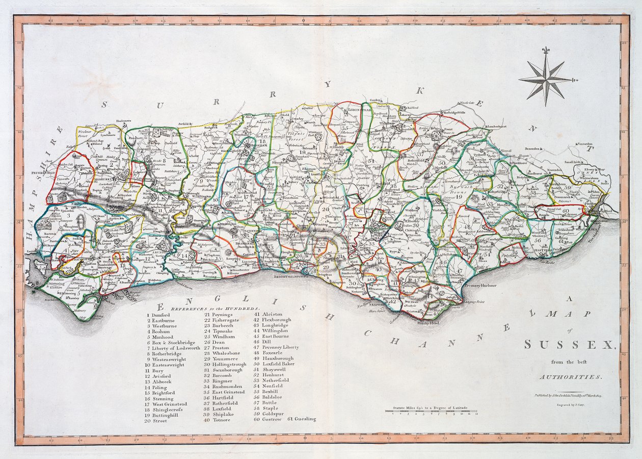 Kort over Sussex, 26. marts 1805 (håndfarvet gravering) af John Cary