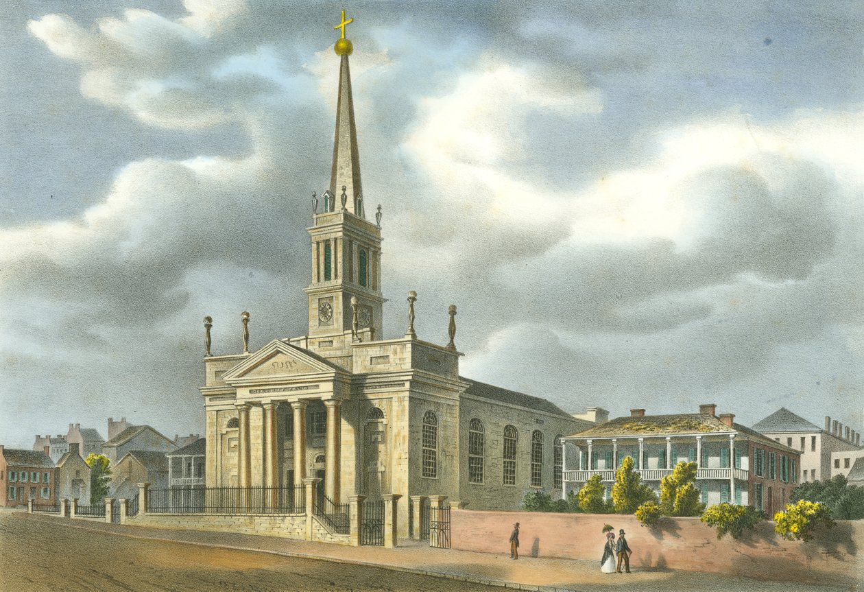 St. Louis Cathedral udgivet og litograferet af J. C. Wild på Missouri Republican Offic (sic) af John Caspar Wild