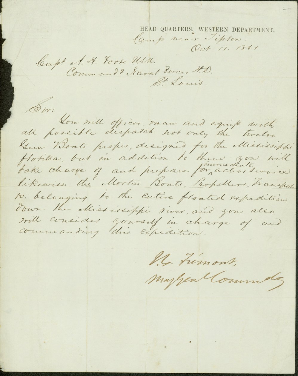 Brev underskrevet J.C. Fremont, generalmajor, øverstkommanderende, vestlige afdeling, lejr nær Tipton, til kaptajn A.H. Foote, U.S.N. Kommanderende flådestyrker H.D., St. Louis, 11. oktober 1861 af John Charles Frémont