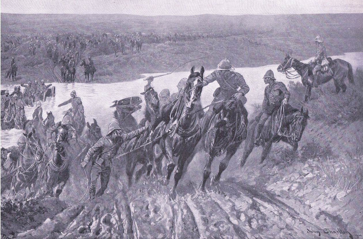 Artilleri på vej over Caledon ved Karreepoort Drift, illustration fra Efter Pretoria: Guerillakrigen, 1902 af John Charlton